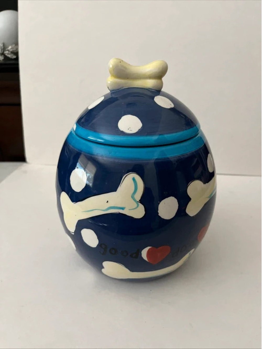 Hausenware Dog Treat Biscuit Bone Canister Cookie Jar Hand Painted Ceramic